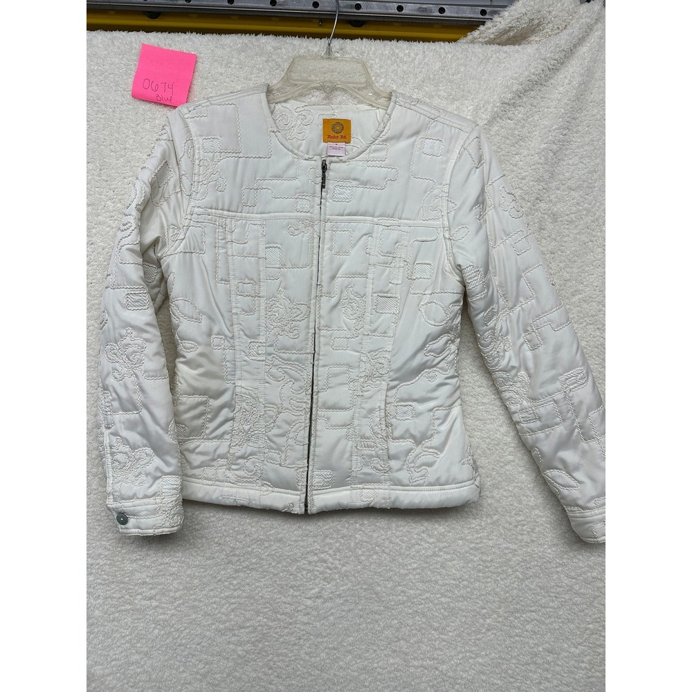 Ruby Rd Womens White Embroidered Collarless Zip Up Jacket Size 8 Floral Textured